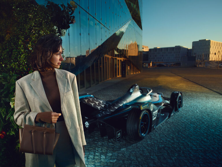 Mercedes Benz x Formel E collaboration featuring dynamic photography by Anke Luckmann and styling by Alexandra Heckel. High-energy campaign showcasing cutting-edge automotive design and stylish racewear.