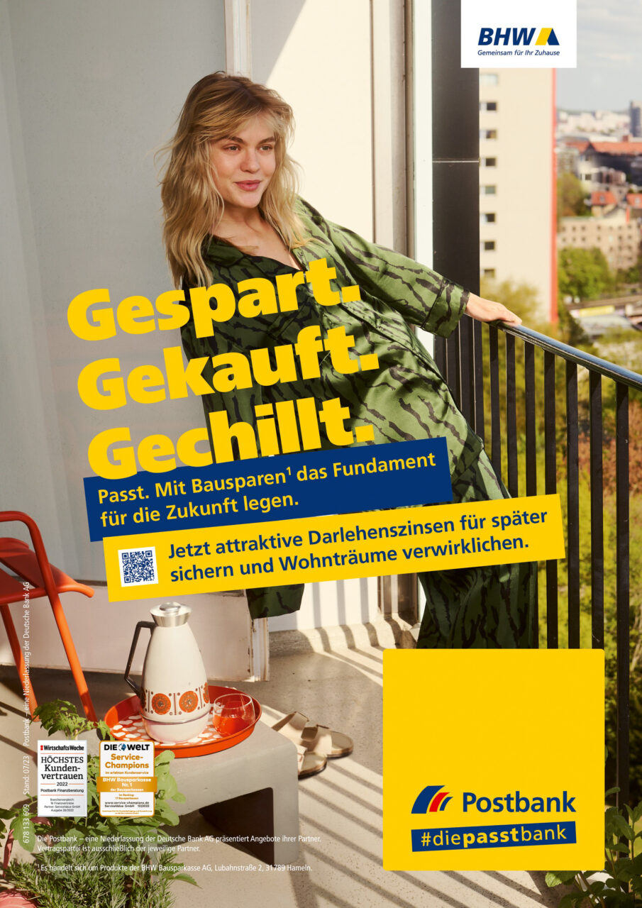 Postbank campaign featuring vibrant photography by Frederike Wetzels and styling by Alexandra Heckel. Engaging visuals that highlight modern banking solutions and professional lifestyle.